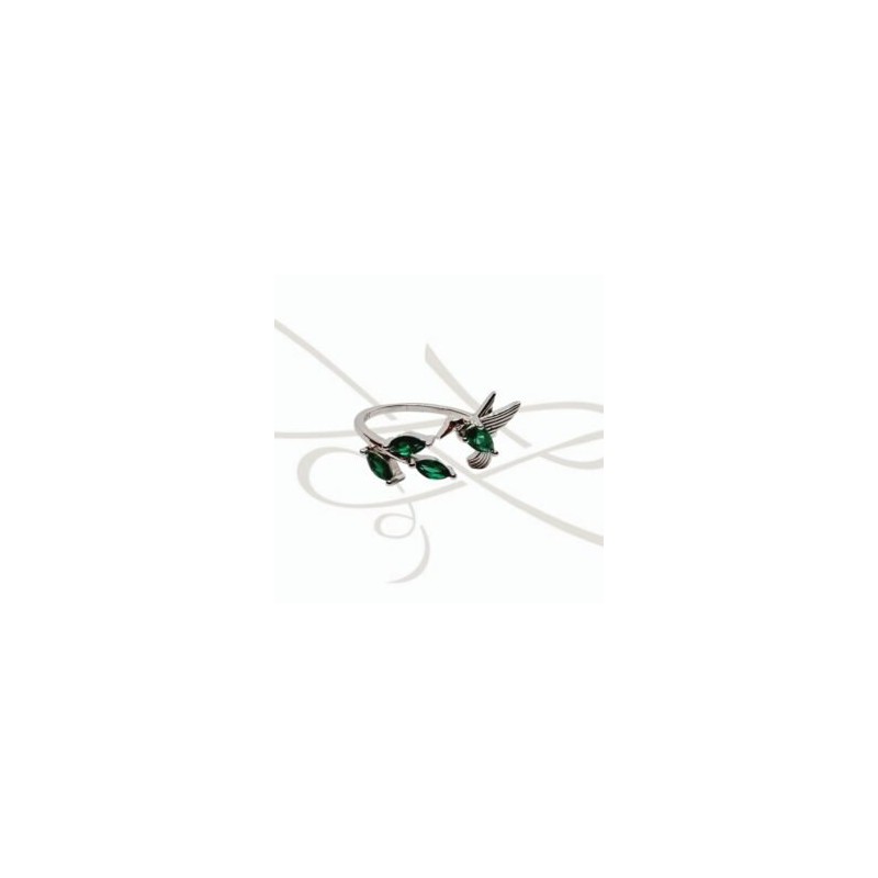ANILLO PLATA COLIBRI Y HOJA ZIRCONIA VERDE FUERTE