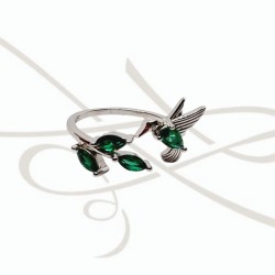 ANILLO PLATA COLIBRI Y HOJA ZIRCONIA VERDE FUERTE