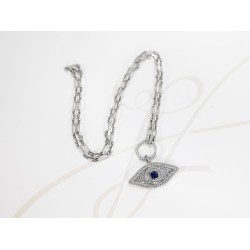 COLLAR PLATA RODIZADA OJO TURCO GRANDE TOPACIO BLANCO CON ZAFIRO