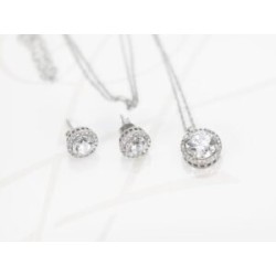 JUEGO PLATA RODIZADA CIRCULO MICROPAVE CON CADENATOPACIO BLANCO