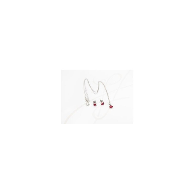 JUEGO PLATA RODIZADA MINI ROMBO RUBI CON CADENA