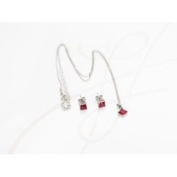 JUEGO PLATA RODIZADA MINI ROMBO RUBI CON CADENA