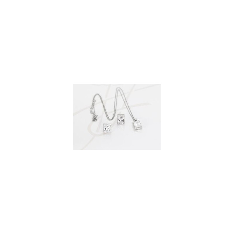 JUEGO PLATA RODIZADA RECTANGULO CON CADENA TOPACIO BLANCO