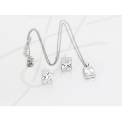 JUEGO PLATA RODIZADA RECTANGULO CON CADENA TOPACIO BLANCO