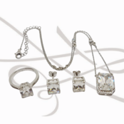 JUEGO PLATA RODIZADA RECTANGULO Y HALO MOISSANITE