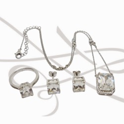 JUEGO PLATA RODIZADA RECTANGULO Y HALO MOISSANITE