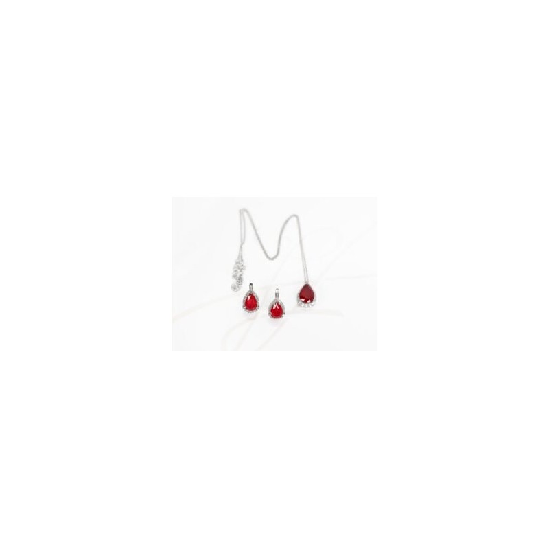 JUEGO PLATA RODIZADA RUBI GOTA HALO TOPACIO BLANCO CON CADENA