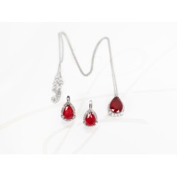 JUEGO PLATA RODIZADA RUBI GOTA HALO TOPACIO BLANCO CON CADENA
