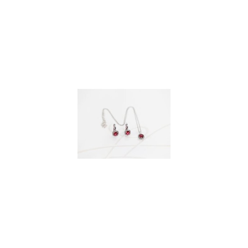 JUEGO PLATA RODIZADA RUBI MINI ROMBO CON TOPACIO BLANCO Y CADENA