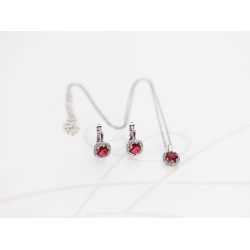 JUEGO PLATA RODIZADA RUBI MINI ROMBO CON TOPACIO BLANCO Y CADENA