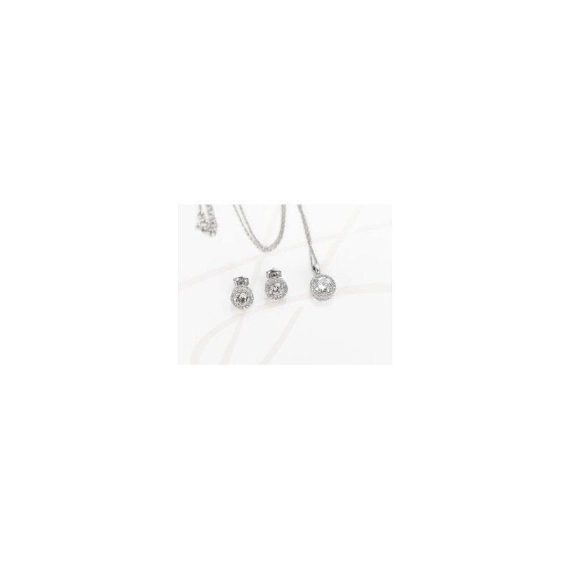 JUEGO PLATA RODIZADA TOPACIO BLANCO CIRCULO HALO CON CADENA