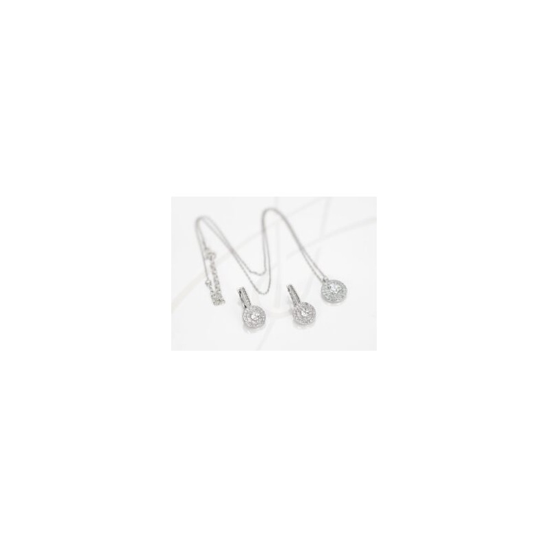 JUEGO PLATA RODIZADA TRIPLE CIRCULO CON CADENA TOPACIO BLANCO