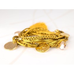 PULSERA CON DIJE ORO LAMINADO MONEDAS CRISTAL TEJIDA