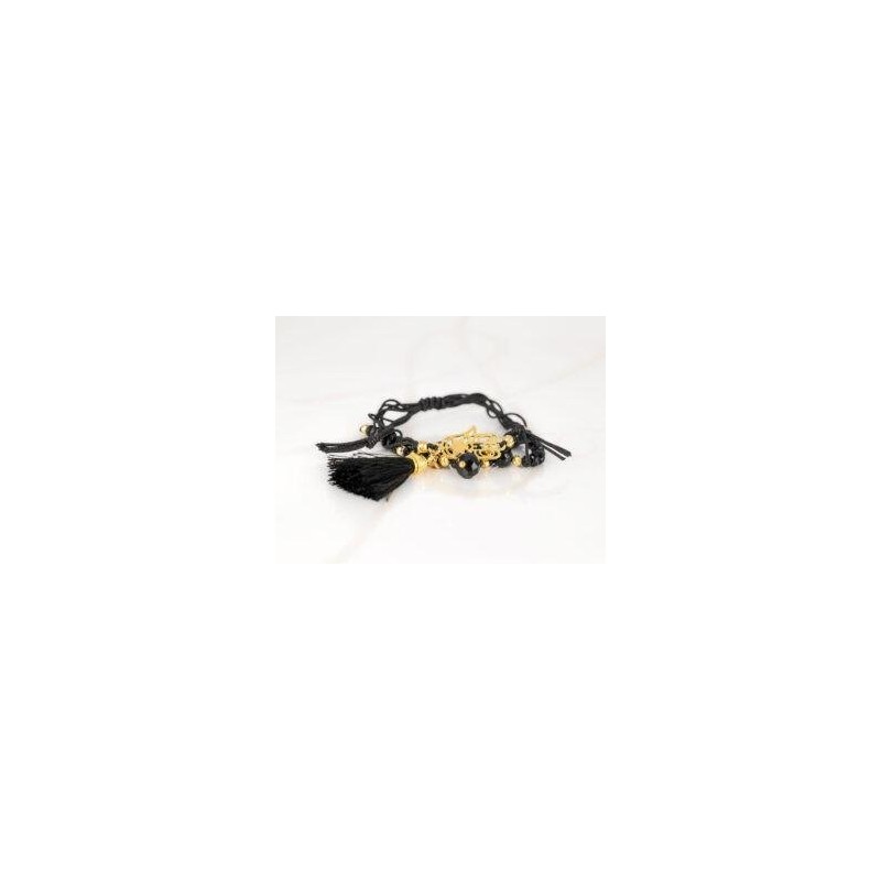 PULSERA CON DIJE ORO LAMINADO PIEDRA POMPON HILO